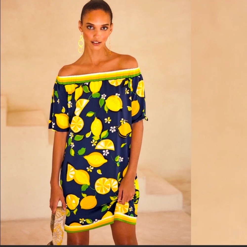 Trina Turk Lemon Print Off the Shoulder Sheath Dress Size Small